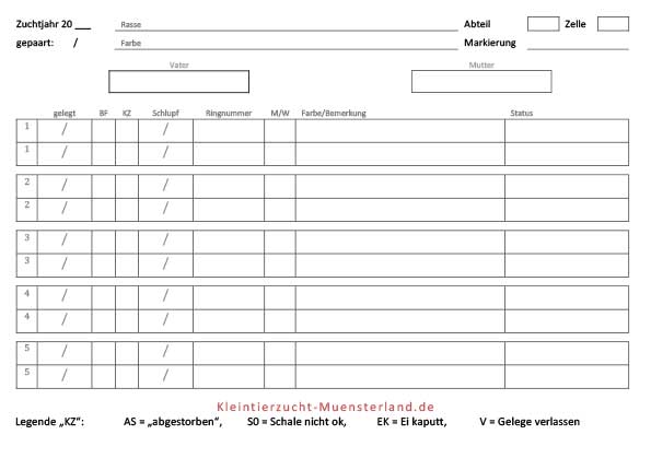 Zuchtblatt für Rassetauben